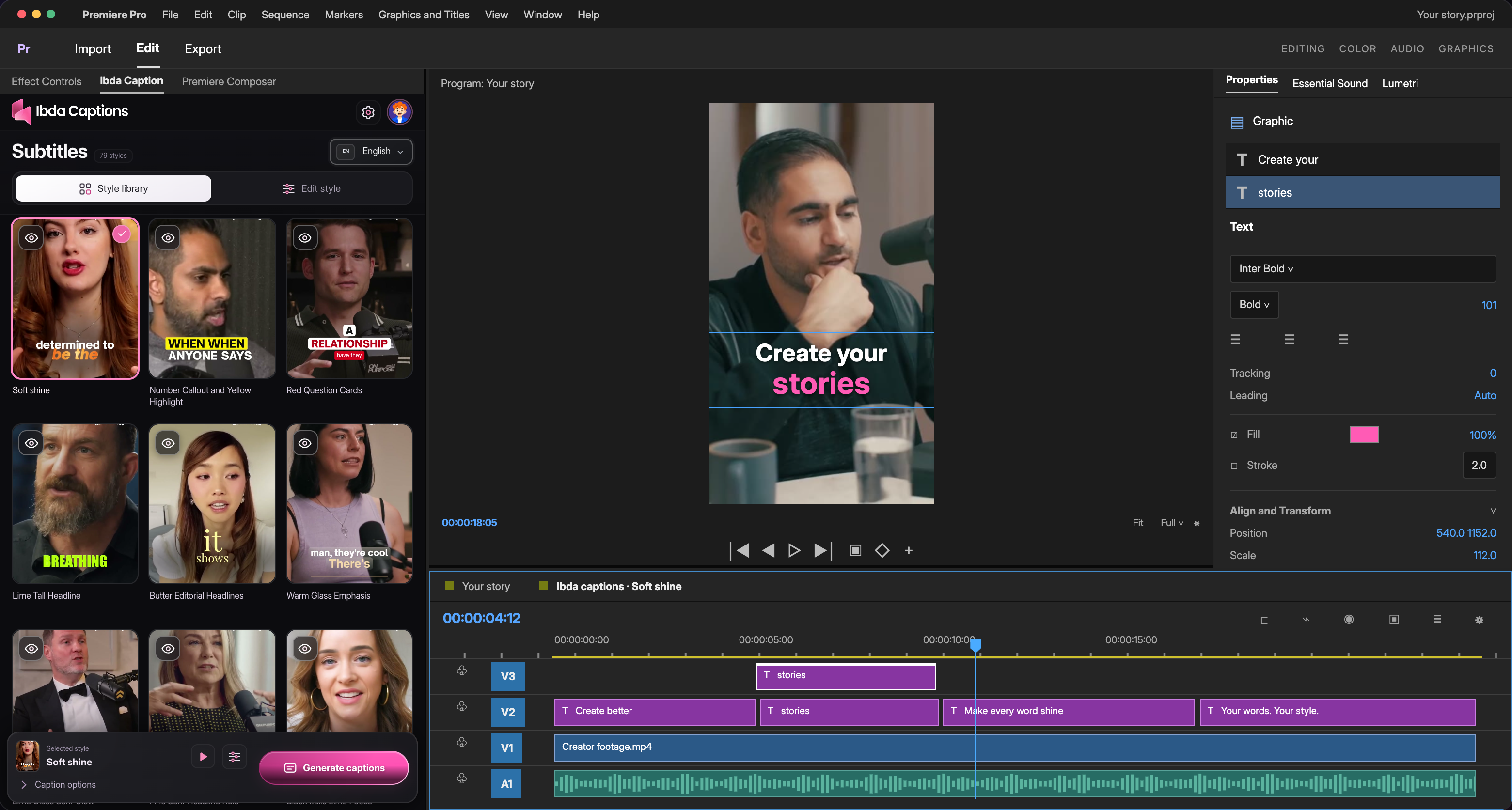 Ibda Captions in Premiere Pro with a caption selected, editable text properties, and separate caption tracks in the timeline.